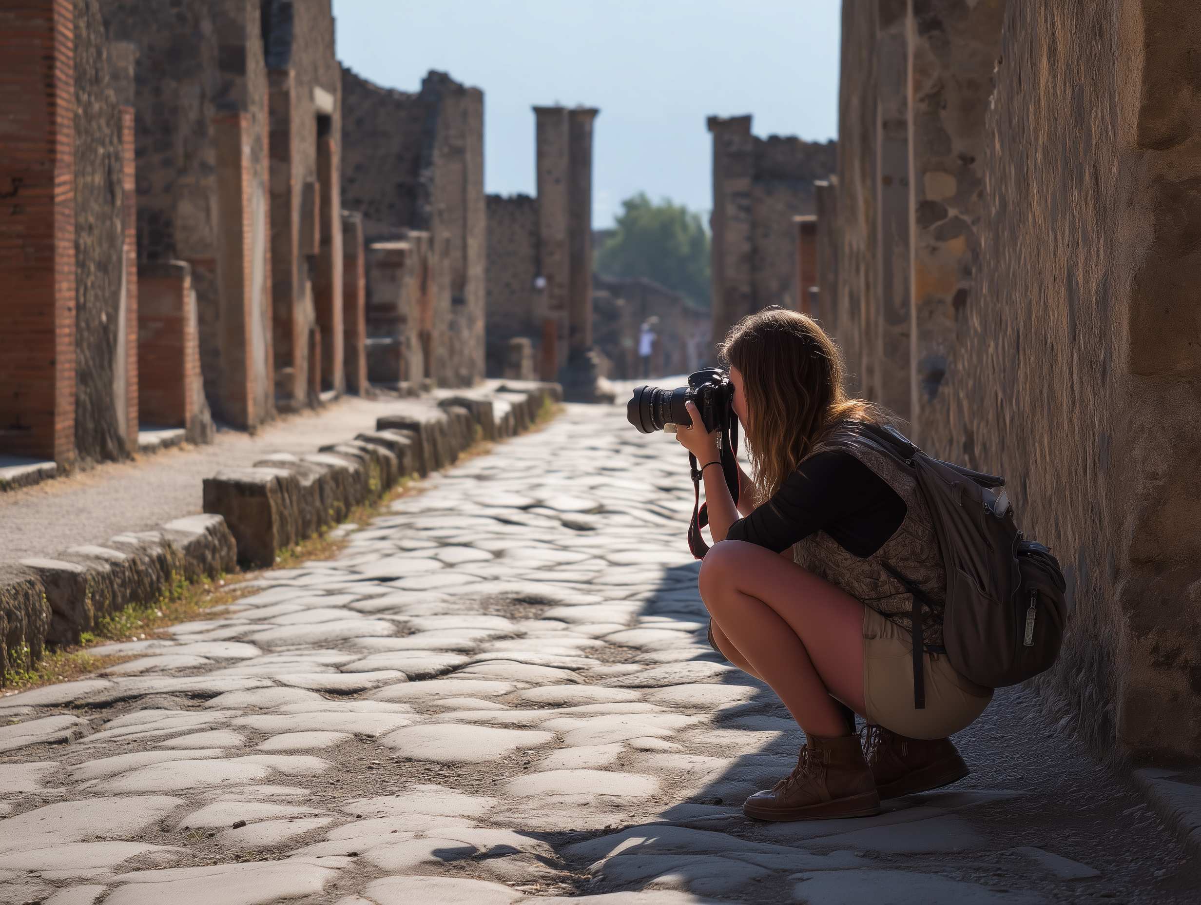 Un jeune photographe s'accroupit pour prendre une photo parmi les ruines de Pompéi