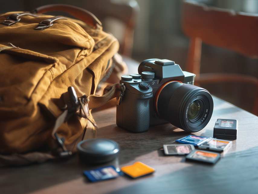 Digital SLR with backpack and SD cards on wooden table