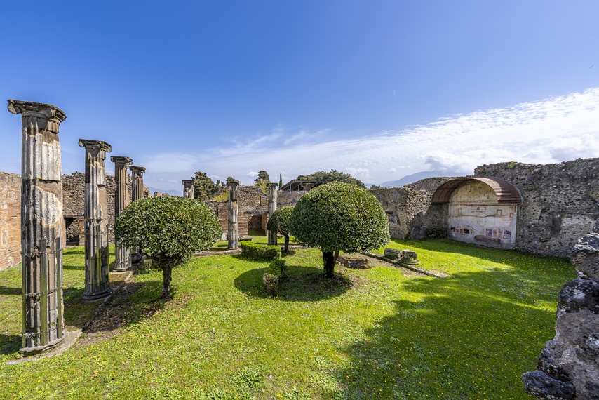 Garden of the House of Achilles Lararium in Pompeii with columns and pruned trees
