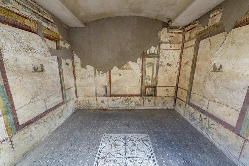Salle ornée de fresques avec sol en mosaïque dans la Maison de l’Éphèbe à Pompéi