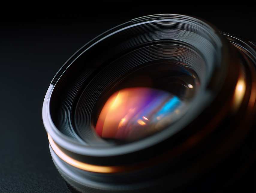 Detail of a photographic lens with colored reflections