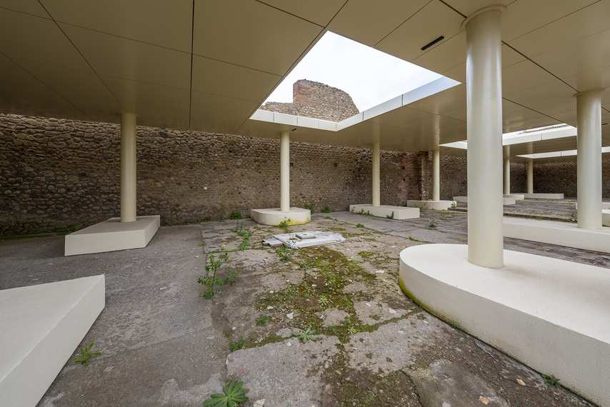 Interior of the Granaries of the Forum in Pompeii, a covered area used to store archaeological artifacts