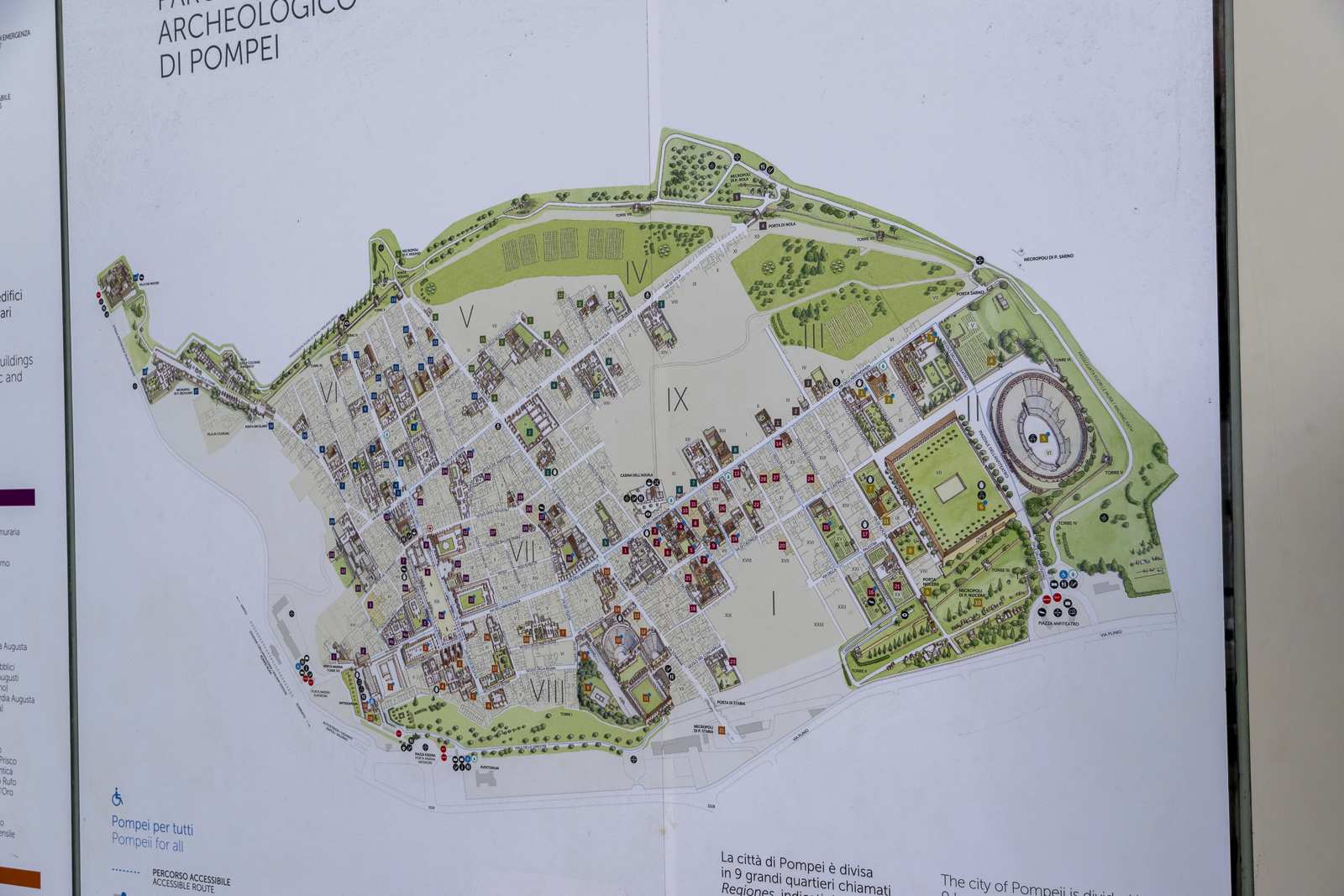 Carte du parc archéologique de Pompéi avec division en régions