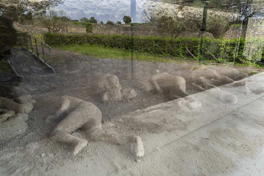 Glass case with casts of victims of the eruption at Pompeii
