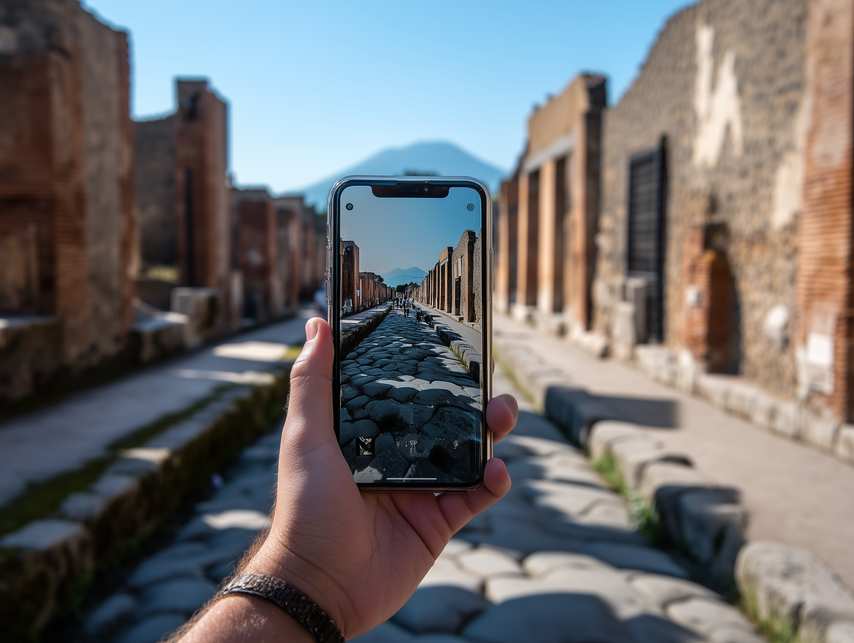 Hand photographing a street in Pompeii with a smartphone