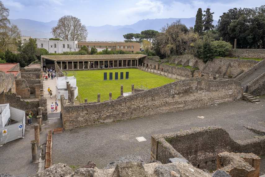 Top view of the Quadriporticus of the Theaters at Pompeii with porticoes and central lawn