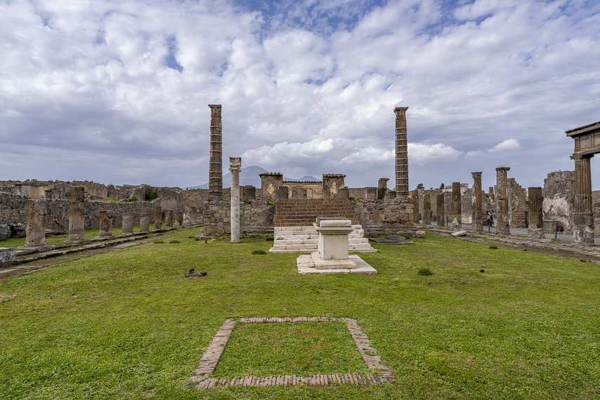 Temple of the Temple of Apollo in Pompeii with Roman altar and columns