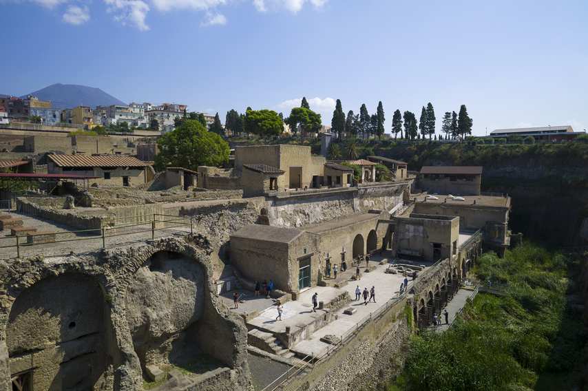 View of the Herculaneum Archaeological Park with Vesuvius in the background