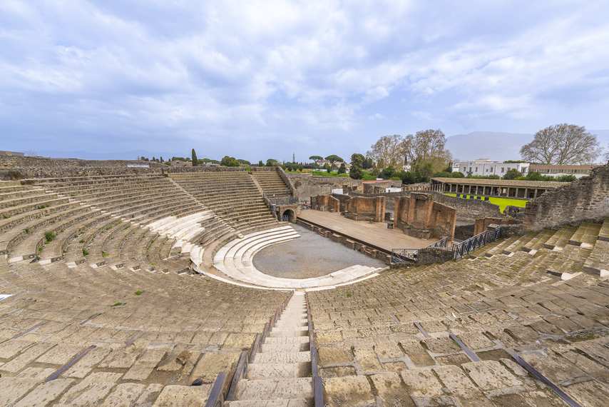 Large Theatre of Pompeii with empty cavea and central stage
