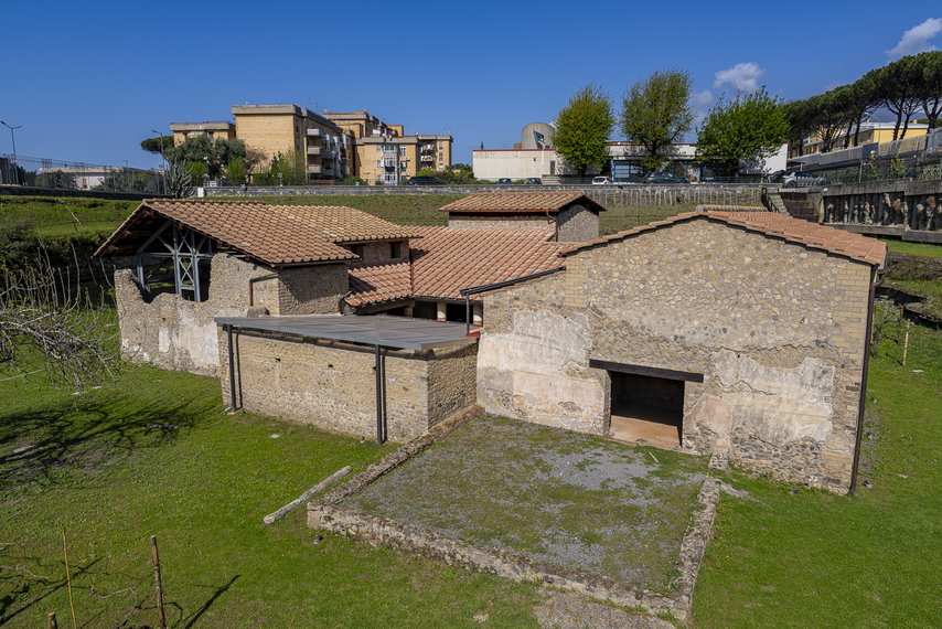 Aerial view of the Villa Regina in Boscoreale surrounded by modern buildings